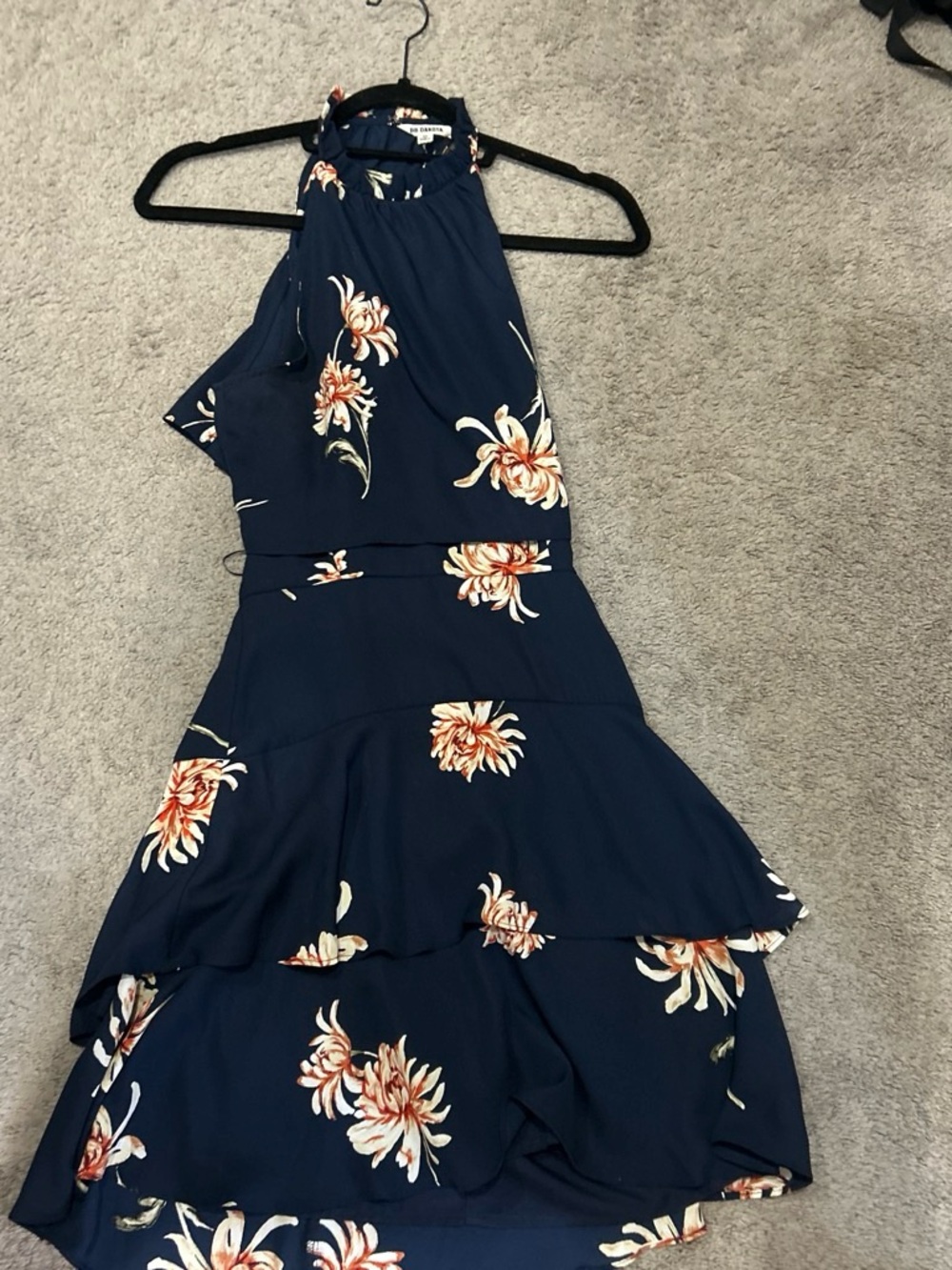 BB Dakota Navy Floral Backless Halter Tiered Dress
